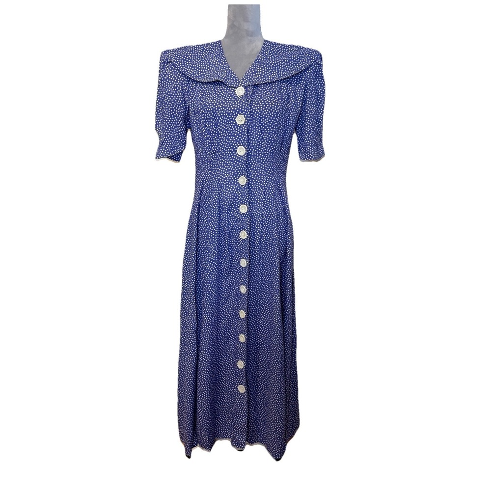 Vintage 80s 90s Rayon Midi Dress Purple White Polka Dots Size Button Front Sz 10